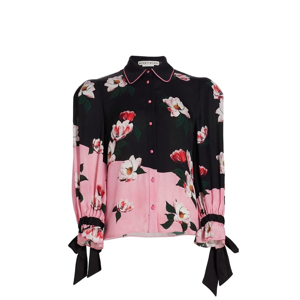 Alice + Olivia Black and Pink Floral Button-Up Blouse